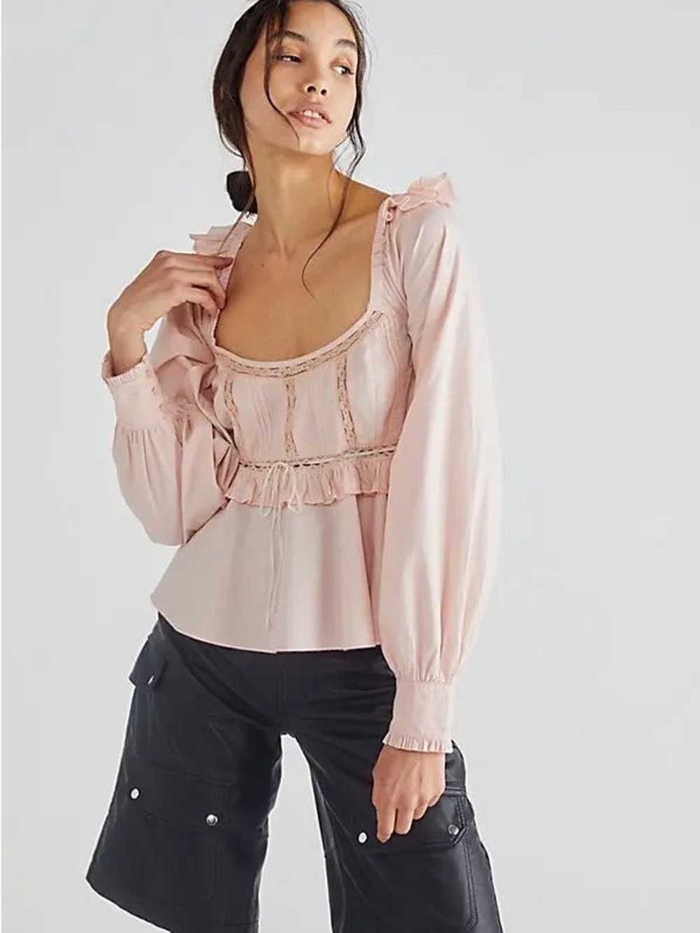 Free People Pink Ruffle-Trim Peasant Blouse